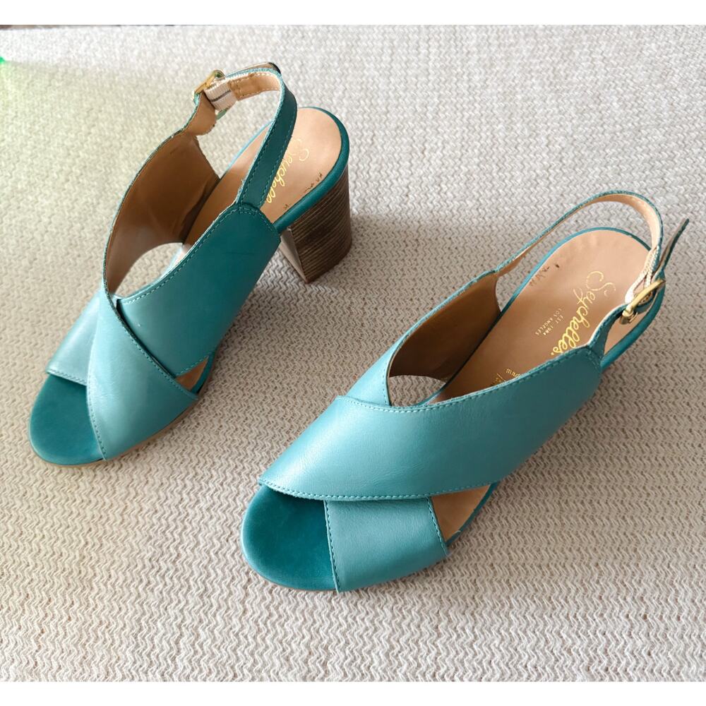 Seychelles Blue Criss Cross Strap Stack Heel Sandal